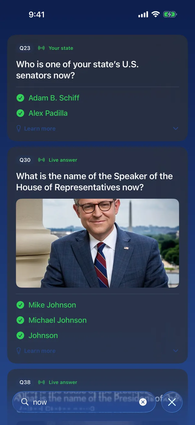 Questions about current officials with their up-to-date answers, marked Your state and Live answer