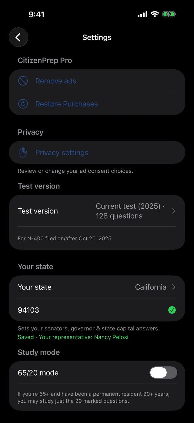 Settings screen: remove ads, privacy settings, the test version (current 2025 test), your state set to California and a ZIP code showing your representative